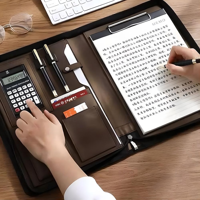 Business Bag Vegan Leather Business Portfolio with Zipper Padfolio All-in-One. Smartest Protective Tablet Sleeve, Presentation Slot, Calculator, Card Storage, Writing Pad