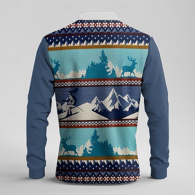 Men's Ski Deer Waffle Polo Shirts Golf Shirt Long Sleeve Polo Shirts Collared Shirts Vintage Casual Outdoor Dailywear Holiday Buttons 3D Print Spring Fall Winter Blue Brown Army Green4