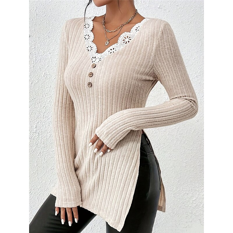Women's Sweater Casual Soft Pure Color Ribbed V Neck Lace Patchwork Buttons Long Sleeve Long Tops Knit Outdoor Daily Weekend Apricot Fall Winter3