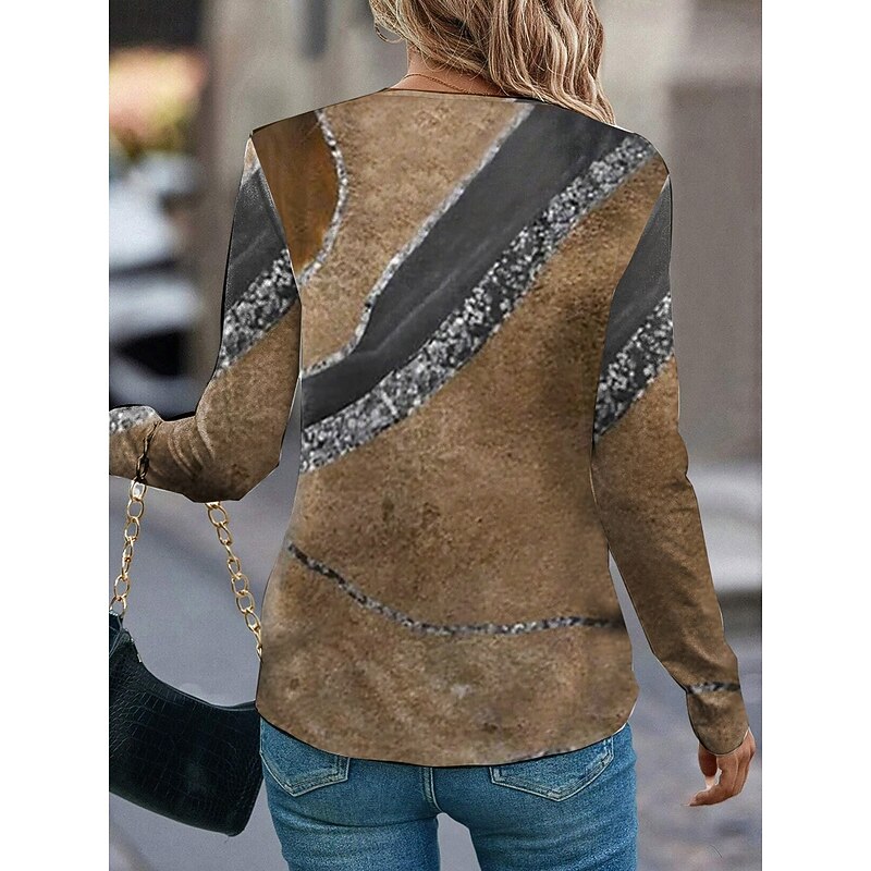 Women's T shirt Long Sleeve V Neck Long Sleeve Tunic Marble Fashion Modern Casual Regular Tops Daily Weekend Print Blue Green Khaki Fall Winter Prefall2