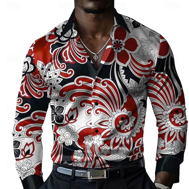 Men's Floral Button Up Shirt Designer Shirt Long Sleeve Fashion Casual Vacation Party / Evening Spring Fall Turndown Button Up Red2