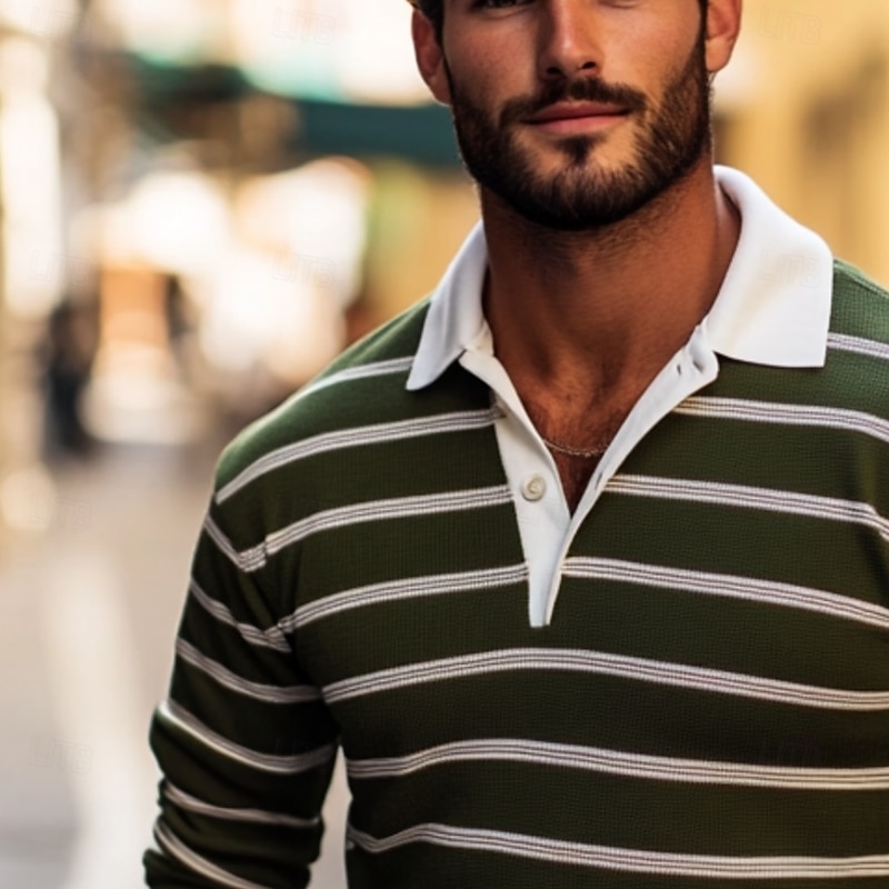 Men's Color Block Stripes Rugby Polo Shirts Long Sleeve Polo Shirts Lapel Classic Fashion 3D Print Modern Casual Sports Stripe Fall Winter Green2