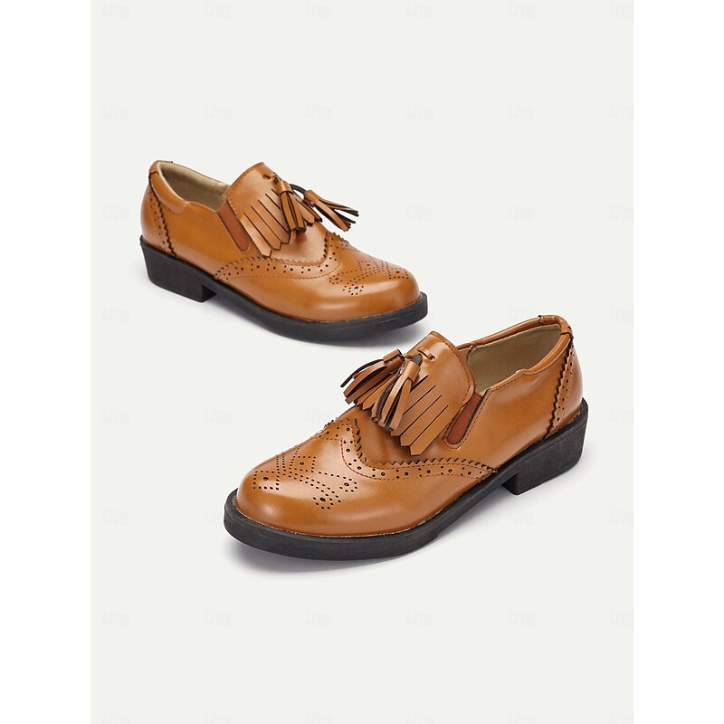Women's Brown Loafers with Brogue Detailing, Fringe, and Tassel Accents – Classic Vintage-Inspired Footwear for Casual and Office Wear4