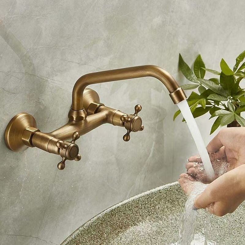 Sink Basin Mixer Tap Wall-Mounted Concealed Bathroom Sink Faucet Brushed Retro Brass Antiquefaucet Golden Widespread Wall Mounted3