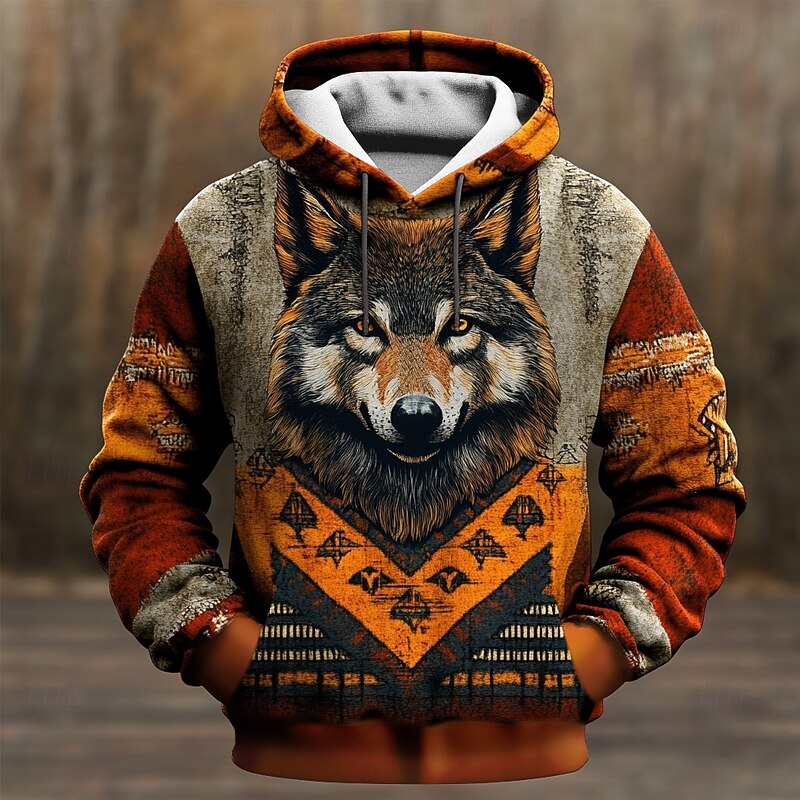 Men's Wolf Hoodies Sweatshirt Fashion Ethnic Long Sleeve Crew Neck Party Holiday Streetwear Brown Drawstring Fall Winter Designer