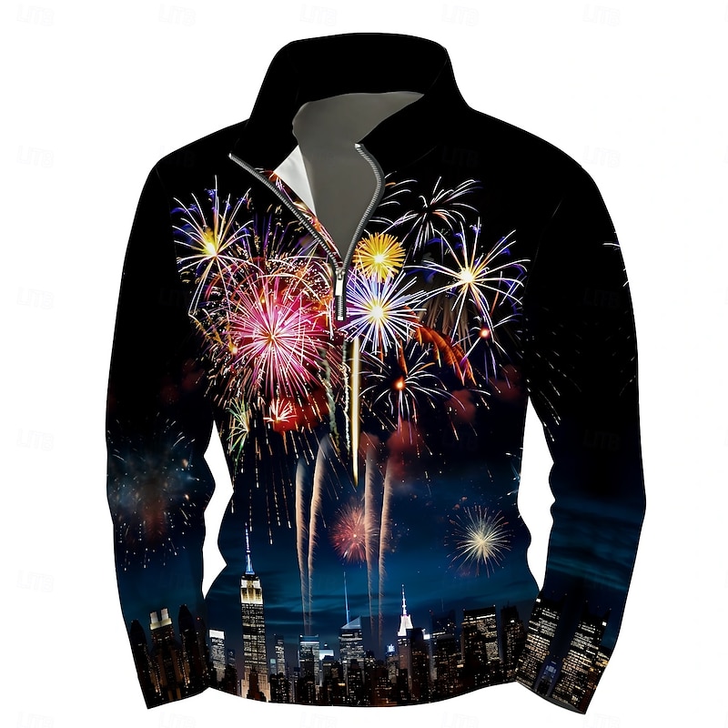 New Year Men's Graphic Happy New Year Hoodies Quarter Zip Sweatshirt Long Sleeve Sweatshirt Stand Collar Daily Casual Vintage Retro 3D Print Vacation Going out Streetwear Print Spring &  Fall2