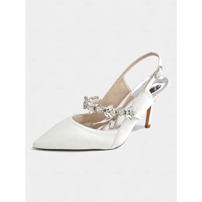 Women's White Satin Slingback Heels with Rhinestone Embellishments – Elegant Pointed-Toe Shoes for Weddings and Formal Occasions2