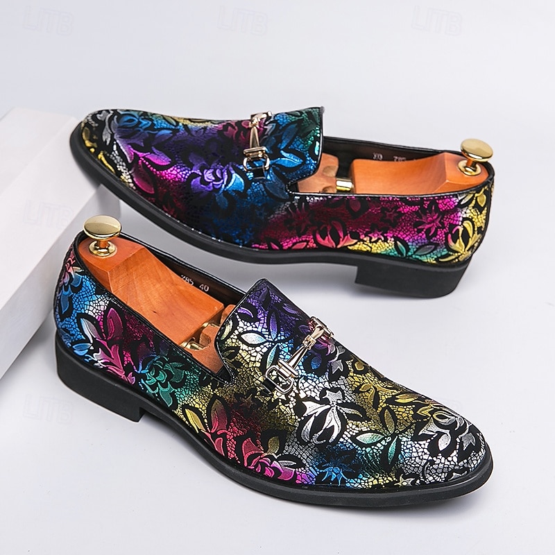 Men's Multicolor Floral Pattern Loafers - Faux Leather Slip-On Shoes with Metal Buckle for Parties, Weddings, and Formal Occasions4