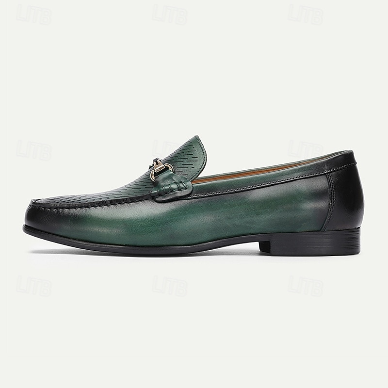 Men's Green Premium Cowhide Leather Loafers - Slip-On Dress Shoes with Metal Buckle Detail for Formal and Business Wear3