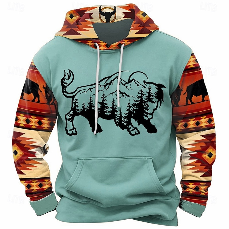 Men's Cow Hoodies Sweatshirt Fashion Ethnic Long Sleeve Crew Neck Party Holiday Streetwear Brown Green Drawstring Fall Winter Designer4
