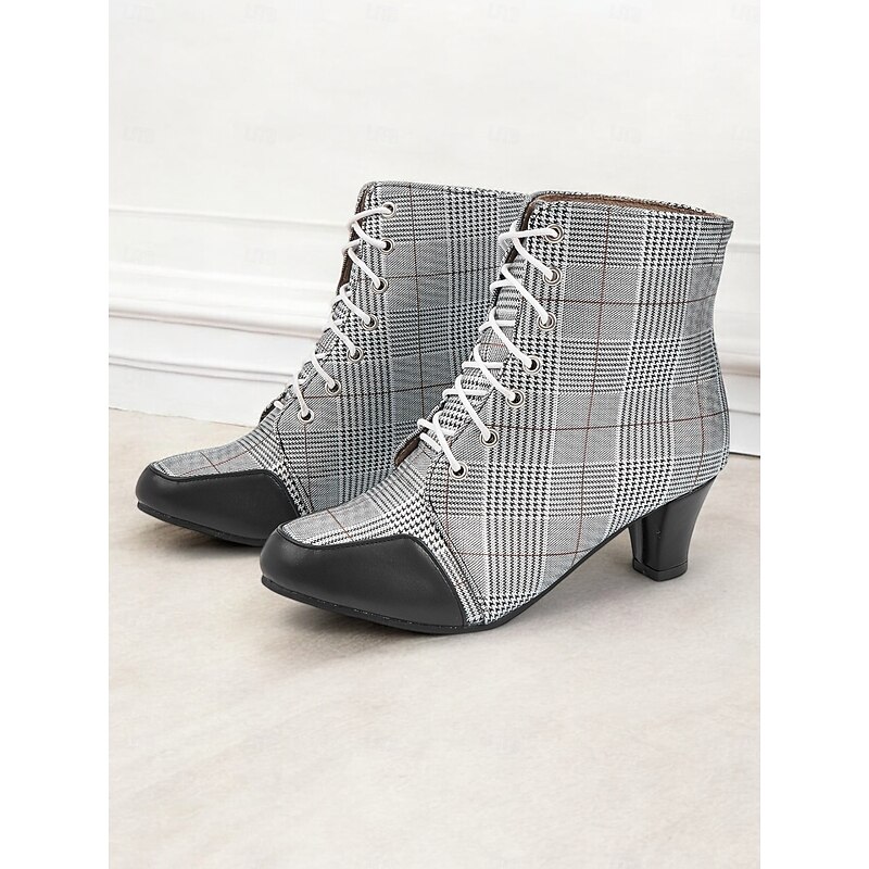 Women's Plaid Lace-Up Ankle Boots – Retro Oxford Low Heel Booties for School, Office, and Fall Street Style2