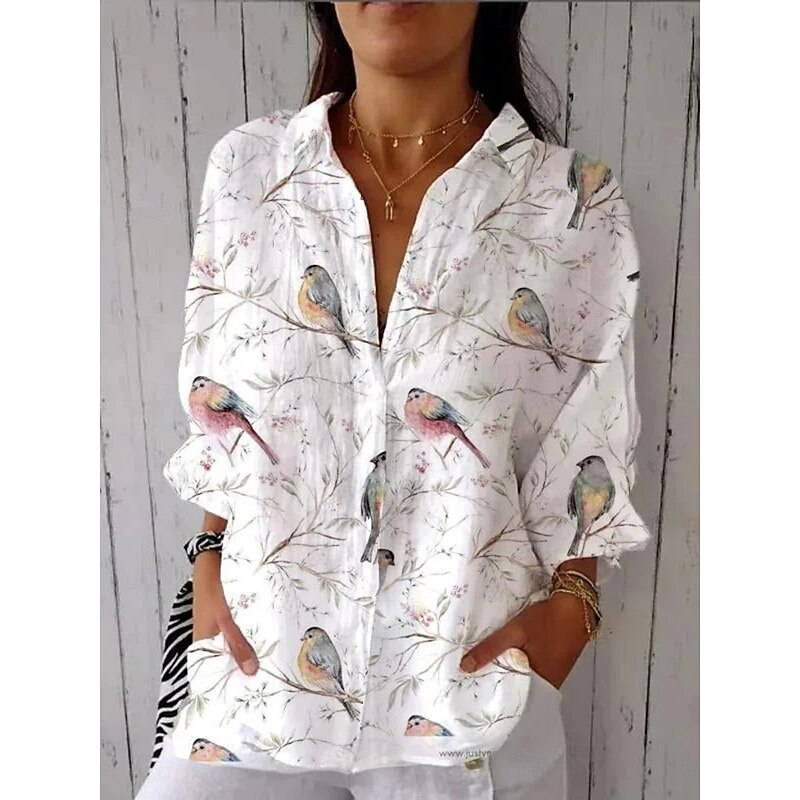 Women's Shirt Blouse Floral Casual 3/4 Length Sleeve Shirt Collar Regular Tops Daily Patchwork Buttons White Green Fall Winter3