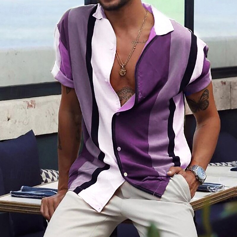 Men's Striped Geometric Pattern Shirt Bowling Shirt Button Up Shirt Short Sleeve Fashion Designer Casual Outdoor Daily Summer Collar Print Button-Down Blue Purple Brown Green4