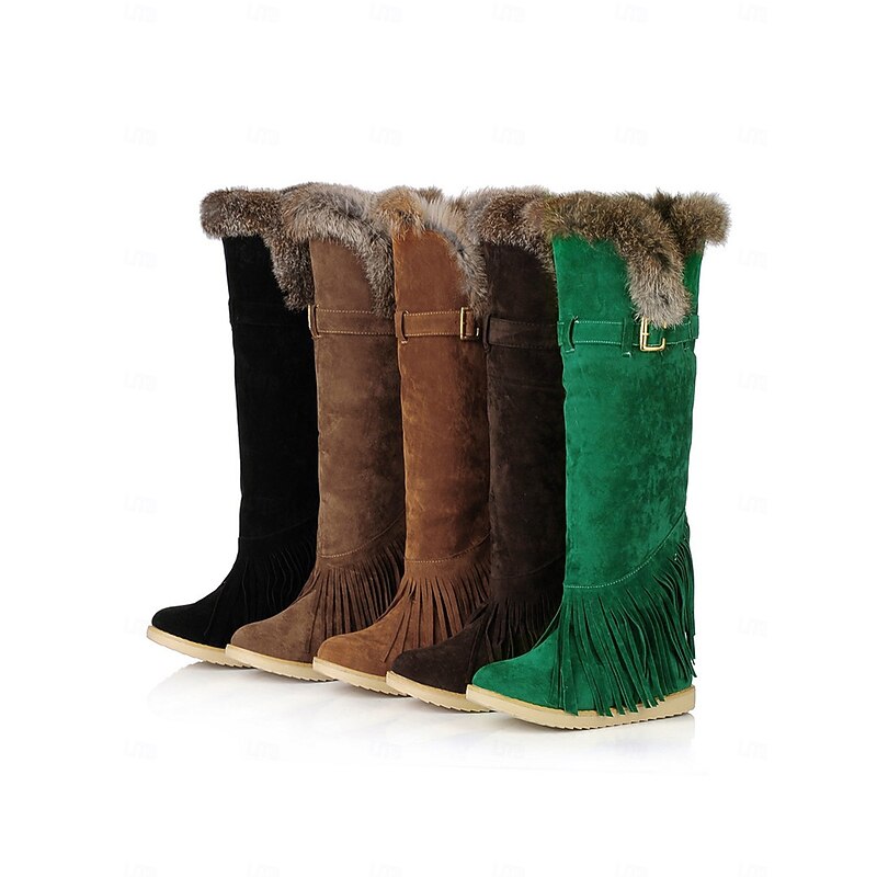 Women's Green Suede Moccasin Winter Boots with Fur Lining and Fringe Detail – Cozy Knee-High Snow Boots for Cold Weather 20