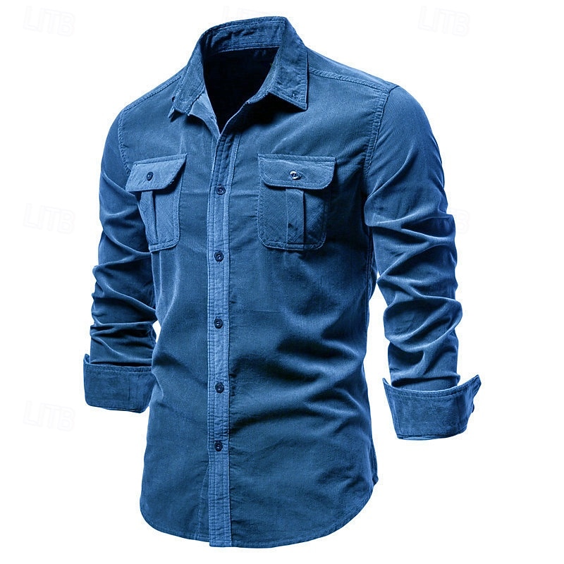 Men's Button Down Shirt Casual Shirt Corduroy Shirt Navy Blue Blue Green khaki Gray Long Sleeve Solid Color Turndown Shirt Collar Outdoor Daily Clothing Apparel Warm Daily2