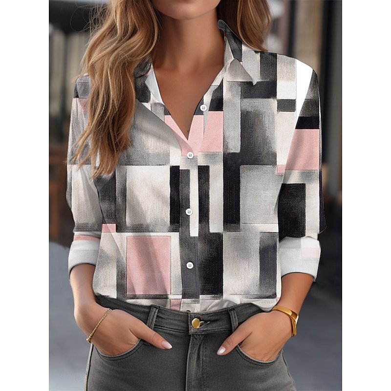 Women's Shirt Button Down Tunic Shirt Collar Long Sleeve Plaid Casual Regular Tops Work Daily s Print Gray Spring Fall Winter