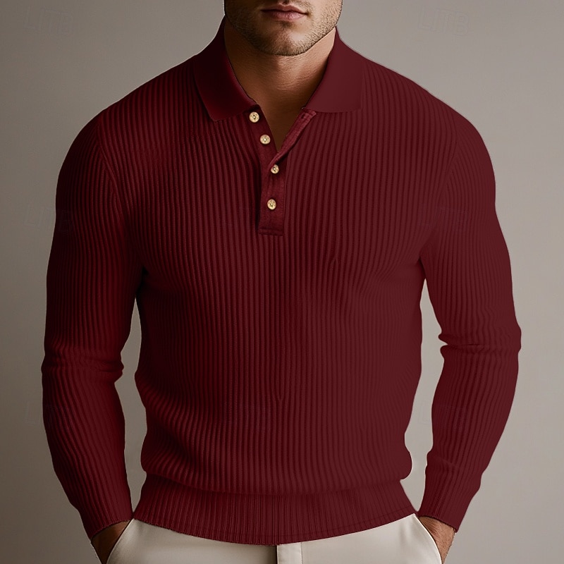 Men's Rib Knit Top Muscle Shirt Formal Work Ribbed Polo Collar Long Sleeve Warm Basic Solid Color Buttons Spring Fall Slim Fit Dark Brown Wine Rib Knit Top