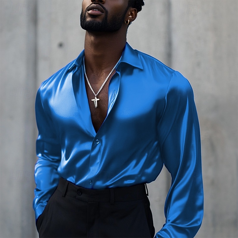 Men's Shirt Satin Shirt Casual Shirt Button Up Shirt Plain Wedding Vacation Black White Wine Blue Long Sleeve Lapel Spring &  Fall Clothing Apparel Buttons2