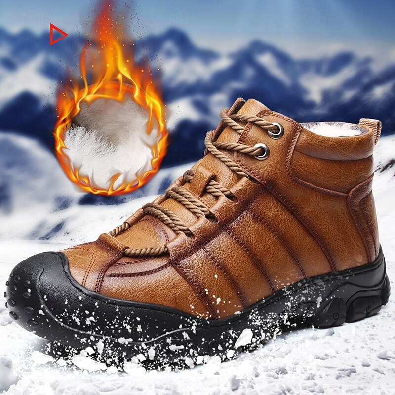 Men's Brown Faux Leather Hiking Boots with Plush Lining – Durable Winter Footwear for Outdoor Adventures4