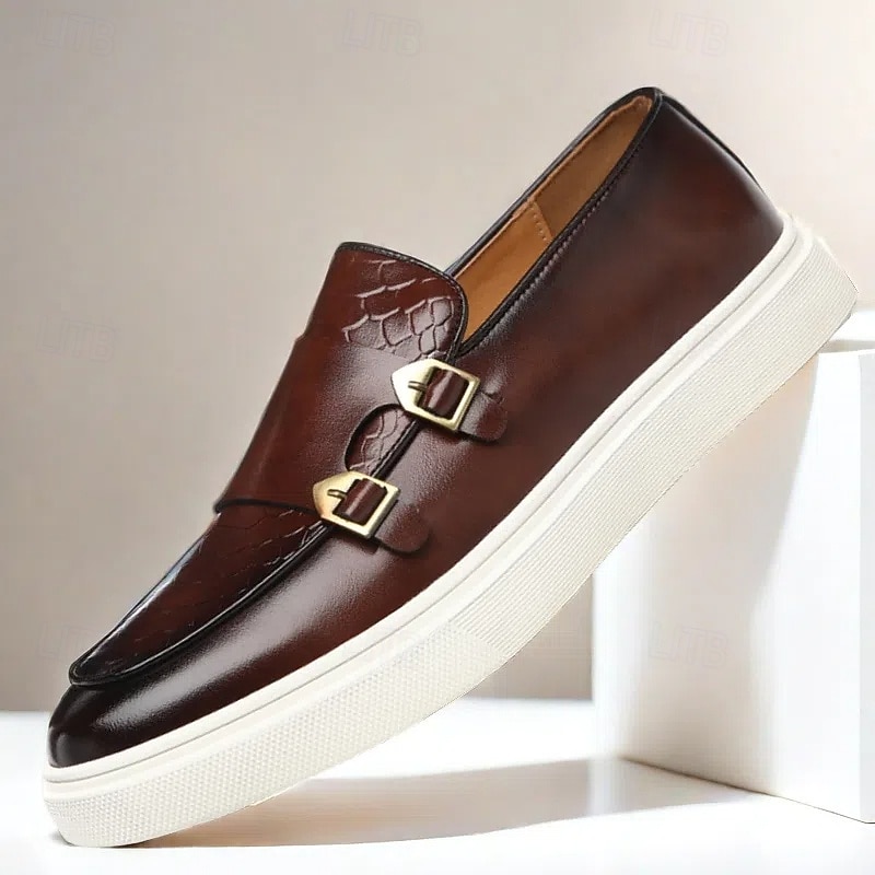 Men's Brown Faux Leather Loafers with Double Buckle Straps, Crocodile Pattern, and White Sole – Stylish Casual Dress Shoes for Office or Formal Occasions
