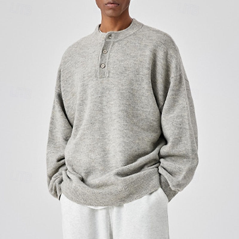 Men's Pullover Sweater Jumper Knit Sweater Pullover Polo Sweater Ribbed Knit Regular Knitted Plain Henley Fashion Basic Vacation Daily Wear Clothing Apparel Fall & Winter Black Light Grey M L XL3