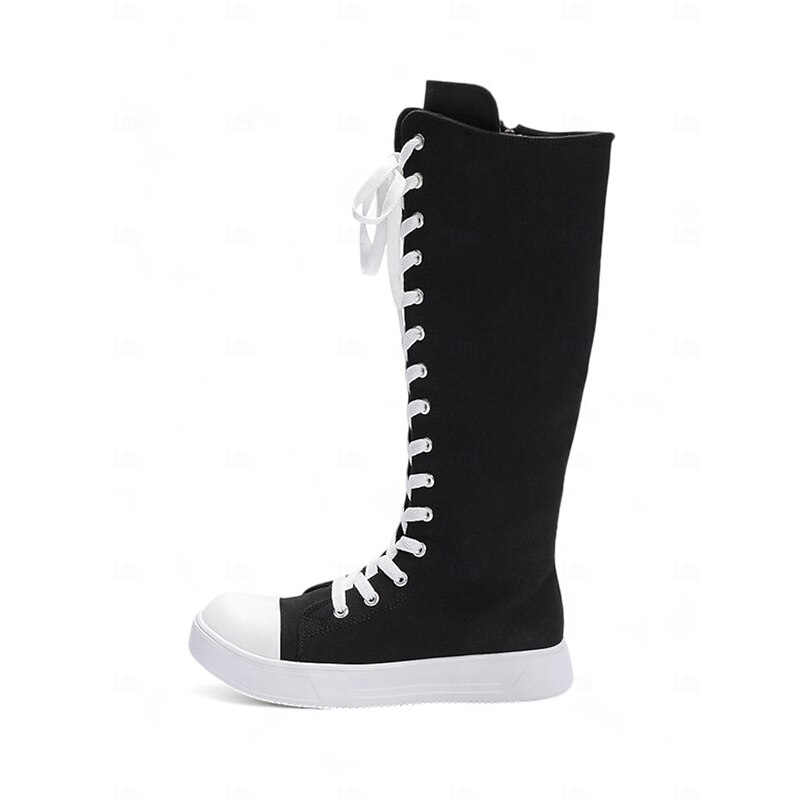 Women's Black Canvas Knee-High Lace-Up Boots with White Sole – Retro-Style Casual Footwear for Everyday Wear and Street Fashion4