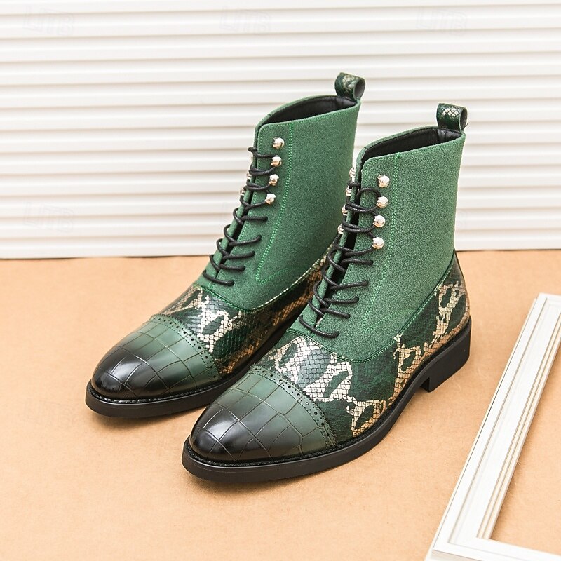 Men's Luxury Green Ankle Boots | Snake Pattern Faux Leather with Crocodile-Embossed Toe and Lace-Up Design2