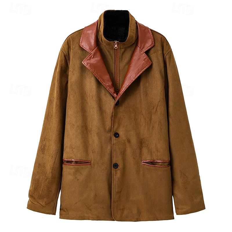 Men's Lightweight Jacket Jacket Casual Jacket Faux Suede Jacket Outdoor Daily Wear Pocket Fall Plain Vintage Casual Lapel Regular Black Navy Blue Brown Khaki Coffee Jacket3