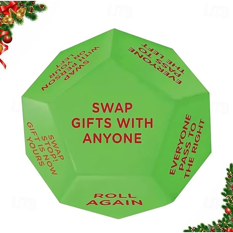 Santa Swap Gift Exchange Dice,2025 New Gift Exchange Dice, Exchange Dice Game,Christmas Group Party Game,12 Different Sides 3 * 3 * 3in Pu Material Gift Exchange Dice Game - Main Image