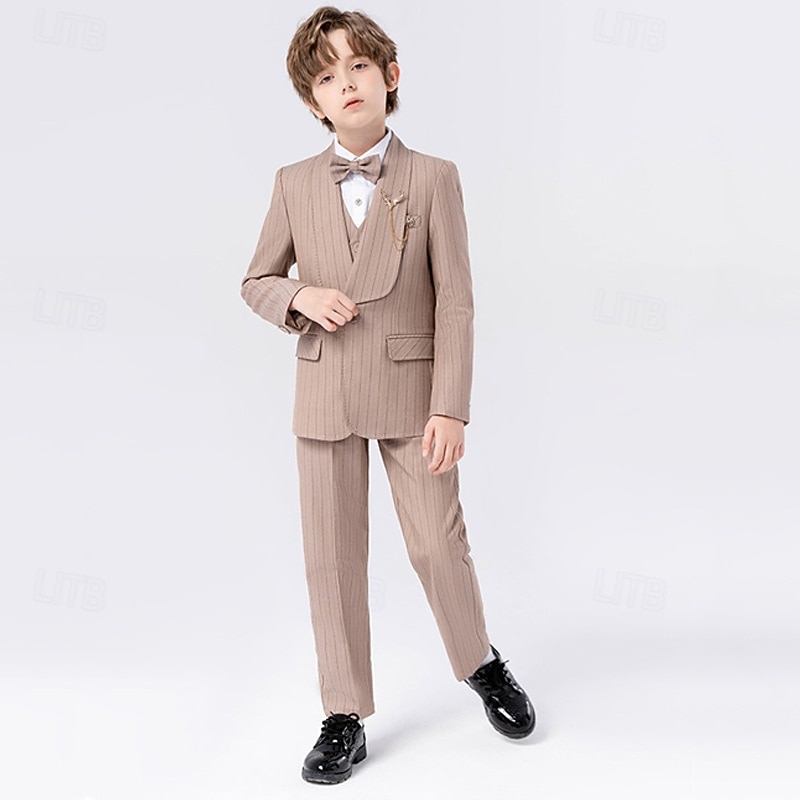 5 Pieces Ring Bearer Suit Boys Kids Suit Formal Suit Blazer & Vest & Pants & Brooch & Tie Formal Party Valentines Fashion Cool Stripe Pocket Khaki Dark Gray Polyester2