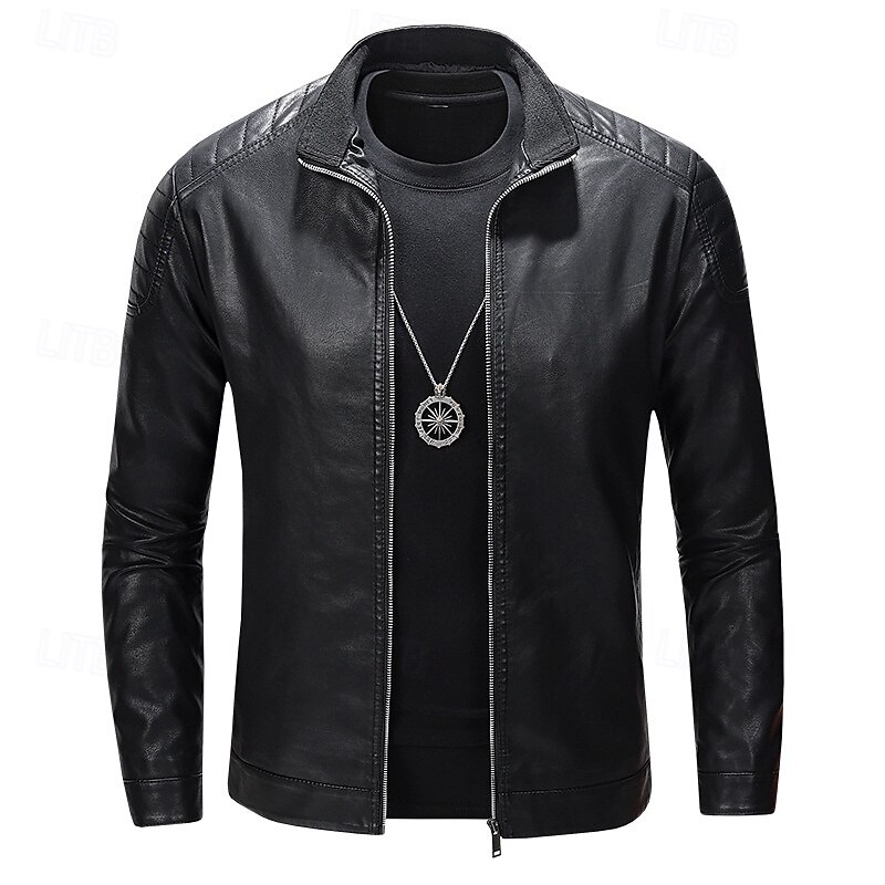 Men's Faux Leather Jacket Transition Jacket Biker Jacket Motorcycle Jacket Vacation Daily Windproof Warm Pocket Fall & Winter Plain Fashion Classic Stand Collar Regular Faux Leather Black Blue Jacket3
