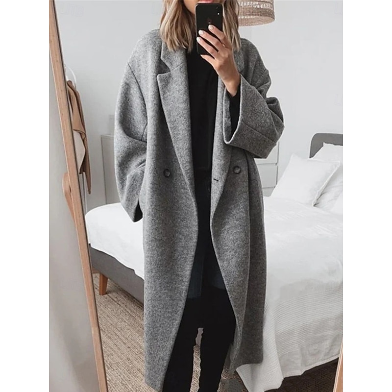 Women's Winter Coat Outdoor Street Daily Wear Fall Winter Long Coat Regular Fit Thermal Warm Breathable Stylish Casual Jacket Long Sleeve Plain with Pockets Black Brown Gray