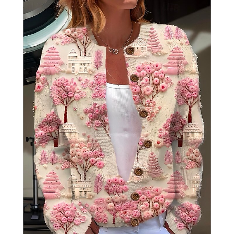 Women's Cardigan Sweater Knitted Ribbed Button Front Round Neck Long Sleeve Lightweight female Daily Graphic Animal Crew Neck Print Regular Tops Knit Weekend Pink Fall Winter