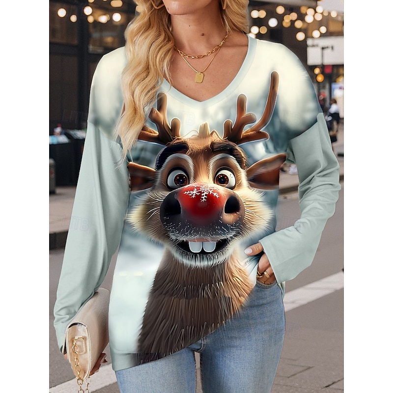 Women's T Shirt Modern Casual Print Long Sleeve Regular Tops V Neck  Daily Red Blue Brown Light Blue Fall Winter