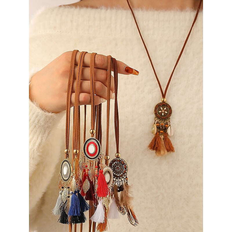 Women's Boho Tassel Necklace with Leather Cord and Dreamcatcher Pendant - Perfect for Festivals and Bohemian Style2