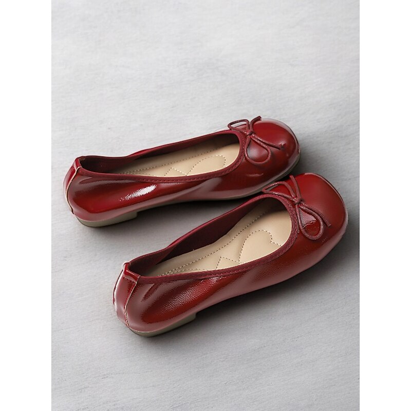 Women's Red Patent Leather Ballet Flats - Classic Round Toe Slip-On Shoes with Bow Detail for Casual and Office Wear3