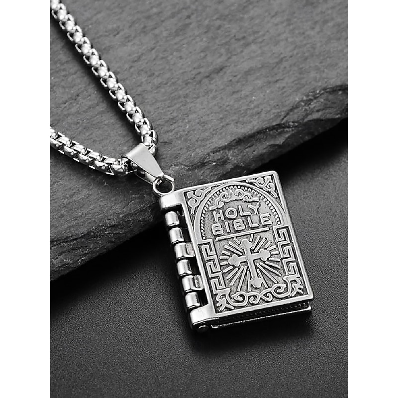 Men's Bible Pendant Necklace - Silver Religious Jewelry with Cross Detail, Christian Faith Accessory for Daily Wear and Special Occasions