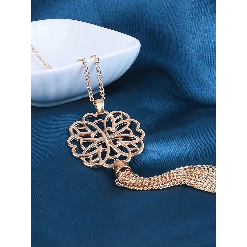 Women's Gold Long Pendant Necklace with Intricate Floral Design and Tassel Accent - Elegant Statement Jewelry for Casual and Formal Outfits4