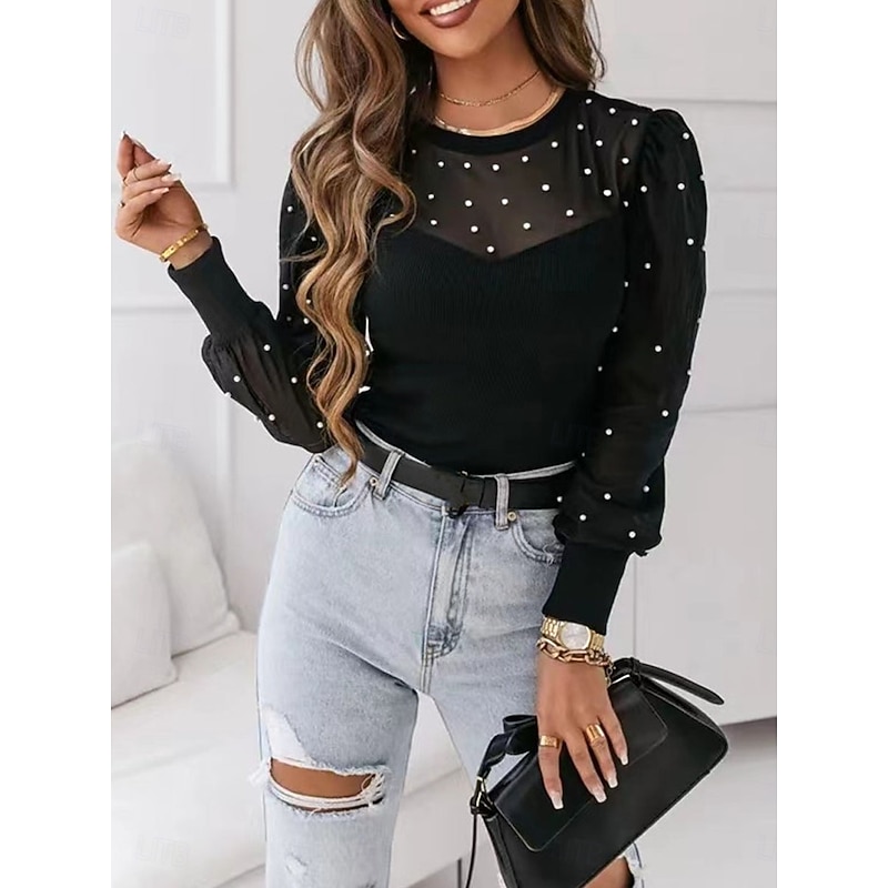 Women's Shirt Blouse Polka Dot Casual Long Sleeve Crew Neck Regular Tops Daily Mesh Patchwork Black Fall Winter4