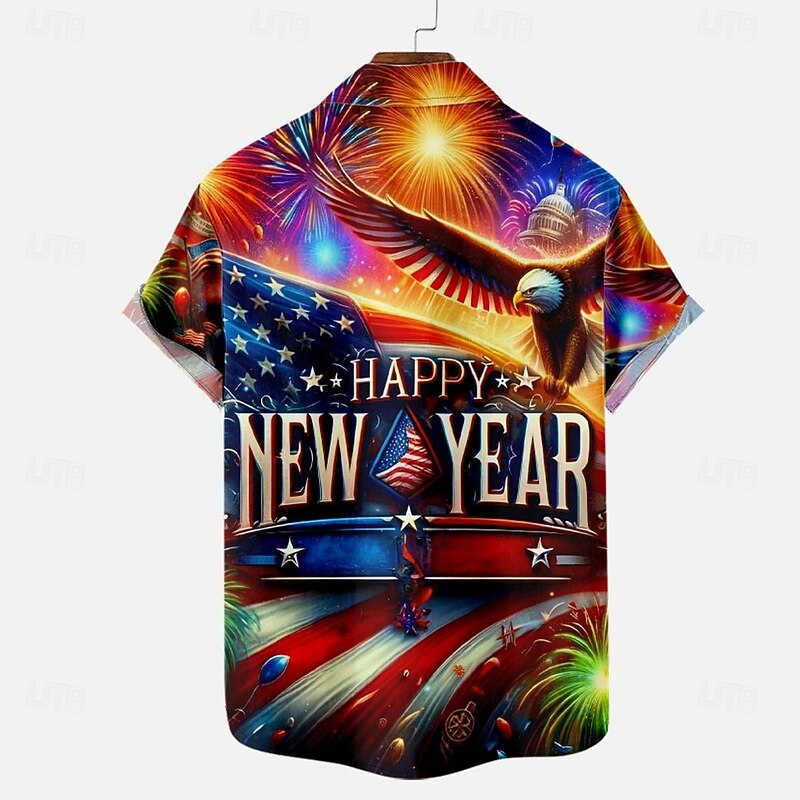 Men's American US Flag Eagle Happy New Year Summer Hawaiian Shirt Button Up Shirt Short Sleeve Casual Fashion Casual Vacation New Year Daily Summer Turndown Button Up 3D Print Red2