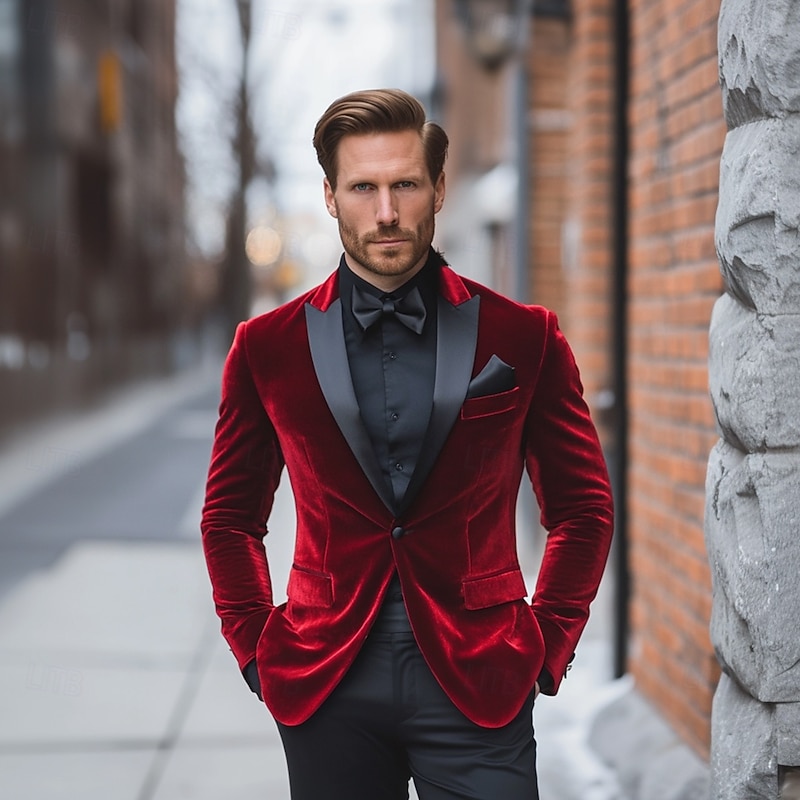 Men's Blazer Jacket Tuxedo Closure collar Christmas Vintage Solid Colored Blazer Red Green Standard Fit