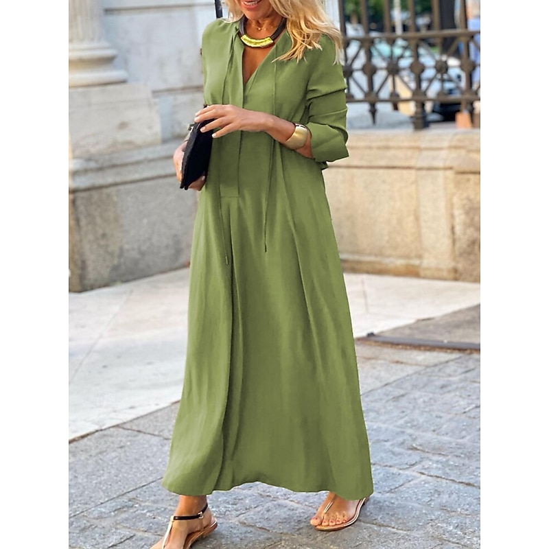 Women's Casual Dress Maxi Dress Ruched Casual V Neck Long Sleeve Brown Green Gray Color