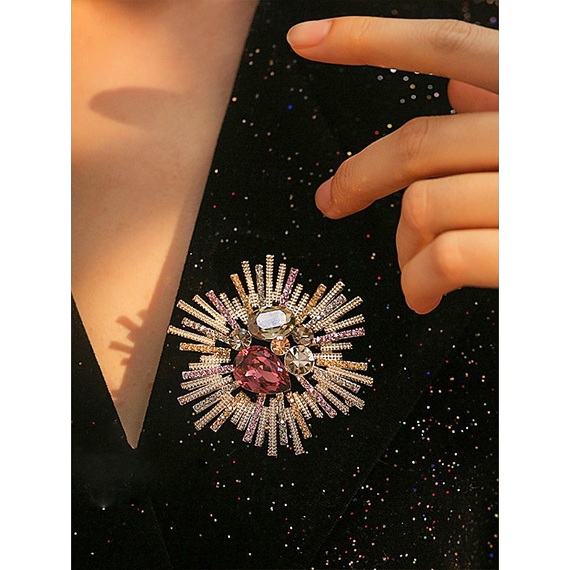Women's Vintage Style Sunburst Brooch with Pink and Crystal Gemstones – Elegant Statement Pin for Formal Attire