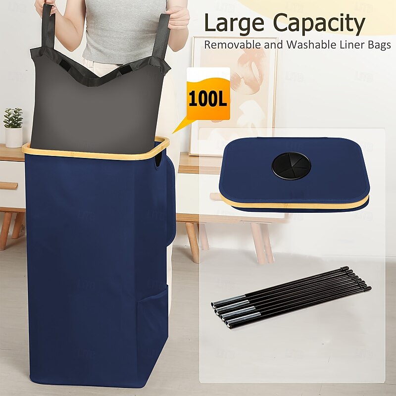 Eco-Friendly Storage and Recycling Bin with Inner Liner, Foldable Space-Saving Design, Durable Metal Frame, Elegant Bamboo Trim, Multipurpose Organizer for Bottles, Laundry Basket, Trash Can, Suitable for Kitchen, Bedroom, Living Room, Dorm, and Hotel Use2