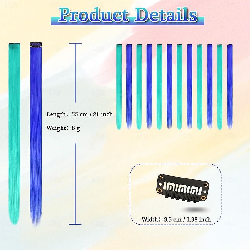 Colored Hair Extensions Clip in 22 Inch 12 PCs Party Highlights Teal Blue Clip in Hair Extensions Straight Synthetic Clip in Hairpieces for Women Halloween Christmas Costume4