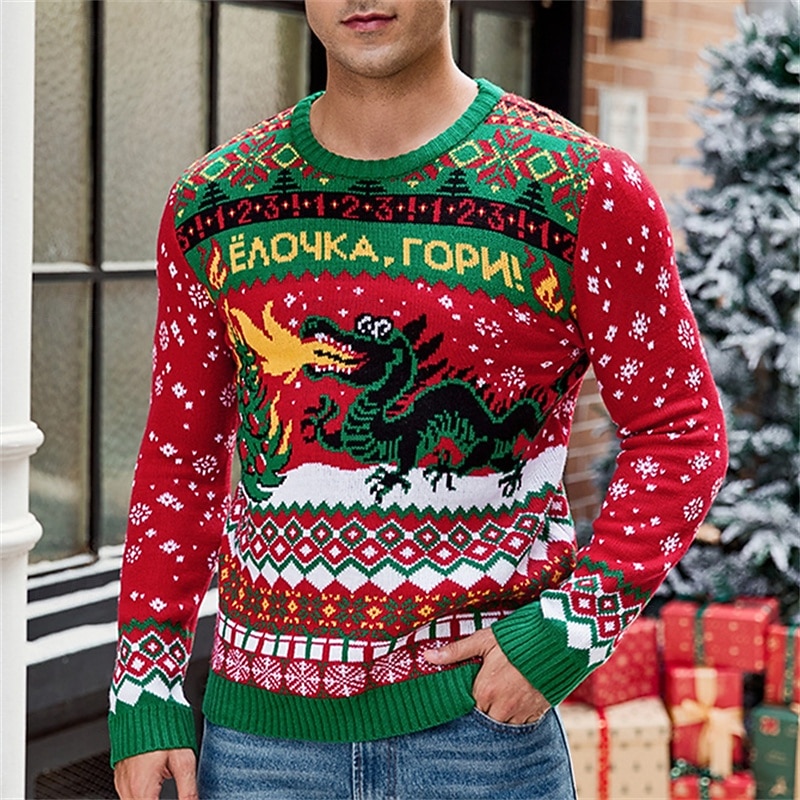 Men's Ugly Christmas Sweater Sweater Pullover Sweater Jumper Xmas Sweater Ribbed Knit Regular Knitted Slim Fit Dragon Round Neck Modern Contemporary Christmas Xmas Clothing Apparel Winter Spring