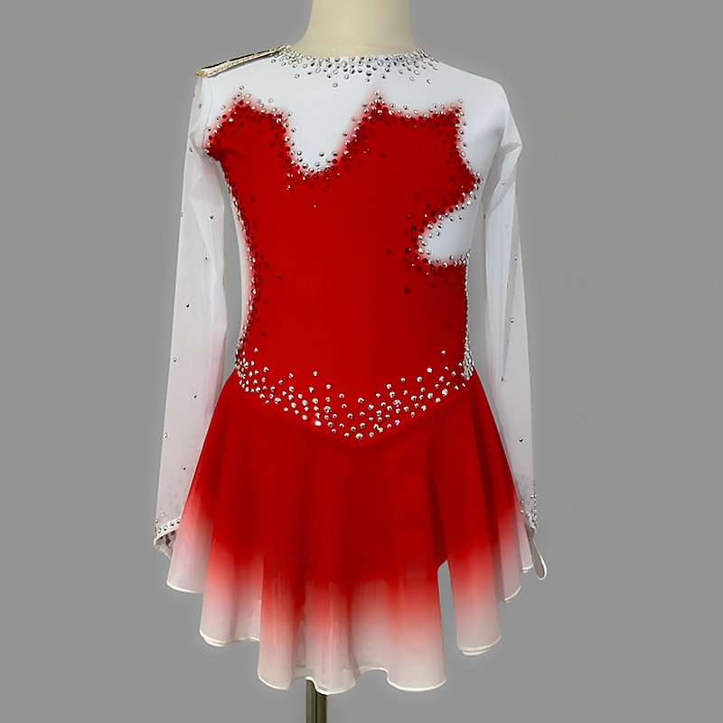 Figure Skating Dress Women's Girls' Ice Skating Dress Red White Black White Thumbhole Halo Dyeing Mesh Spandex Stretchy Training Practice Professional Skating Wear Thermal Warm Classic Crystal