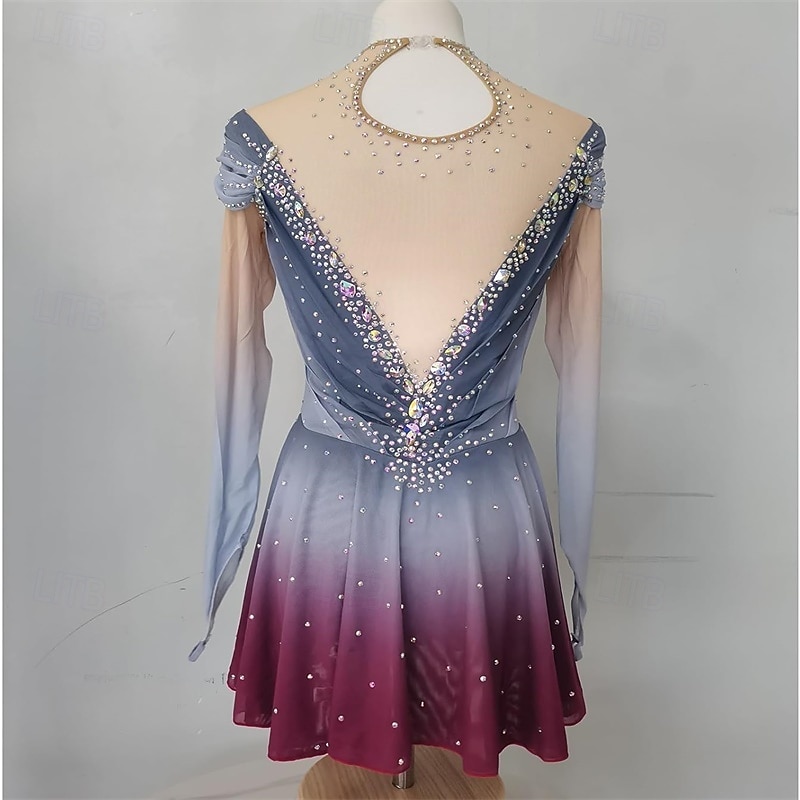 Figure Skating Dress Women's Girls' Ice Skating Dress Jacinth Gray Patchwork High Elasticity Training Competition Skating Wear Classic Crystal / Rhinestone Long Sleeve Ice Skating Figure Skating2