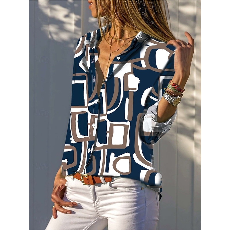 Women's Shirt Button Down Tunic Shirt Collar Long Sleeve Geometric Casual Regular Tops Work Daily s Print Navy Blue Spring Fall Winter
