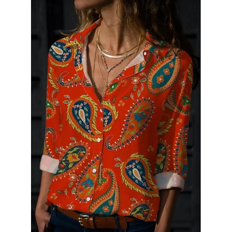 Women's Shirt Button Down Tunic Shirt Collar Long Sleeve Hawaiian Casual Graphic Regular Tops s Print Regular Fit Work Daily Red Holiday Clothes3